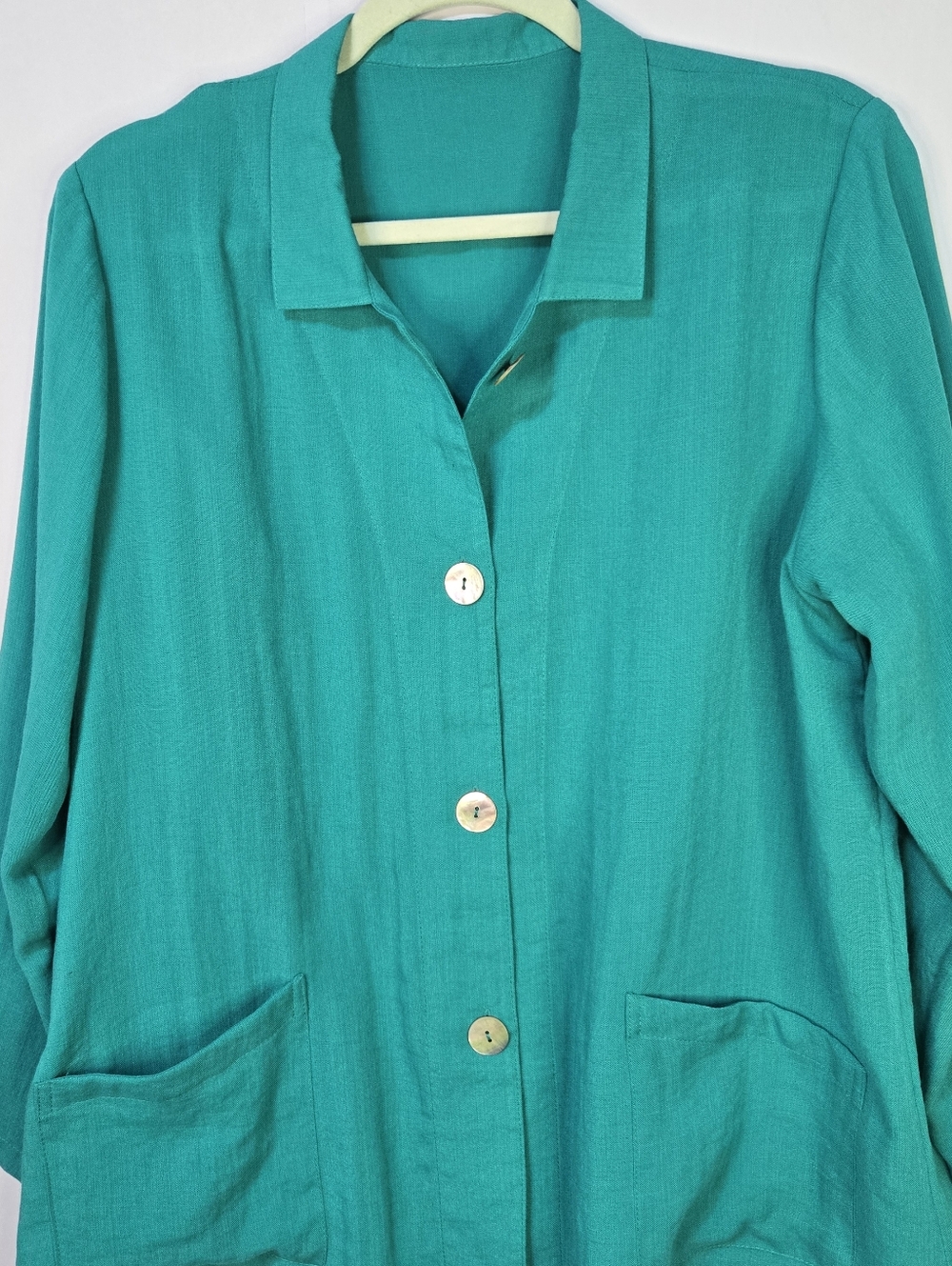 FRIDAZ Women’s Size M 100% Linen Teal Button-Front Casual Jacket Top - Picture 5 of 9